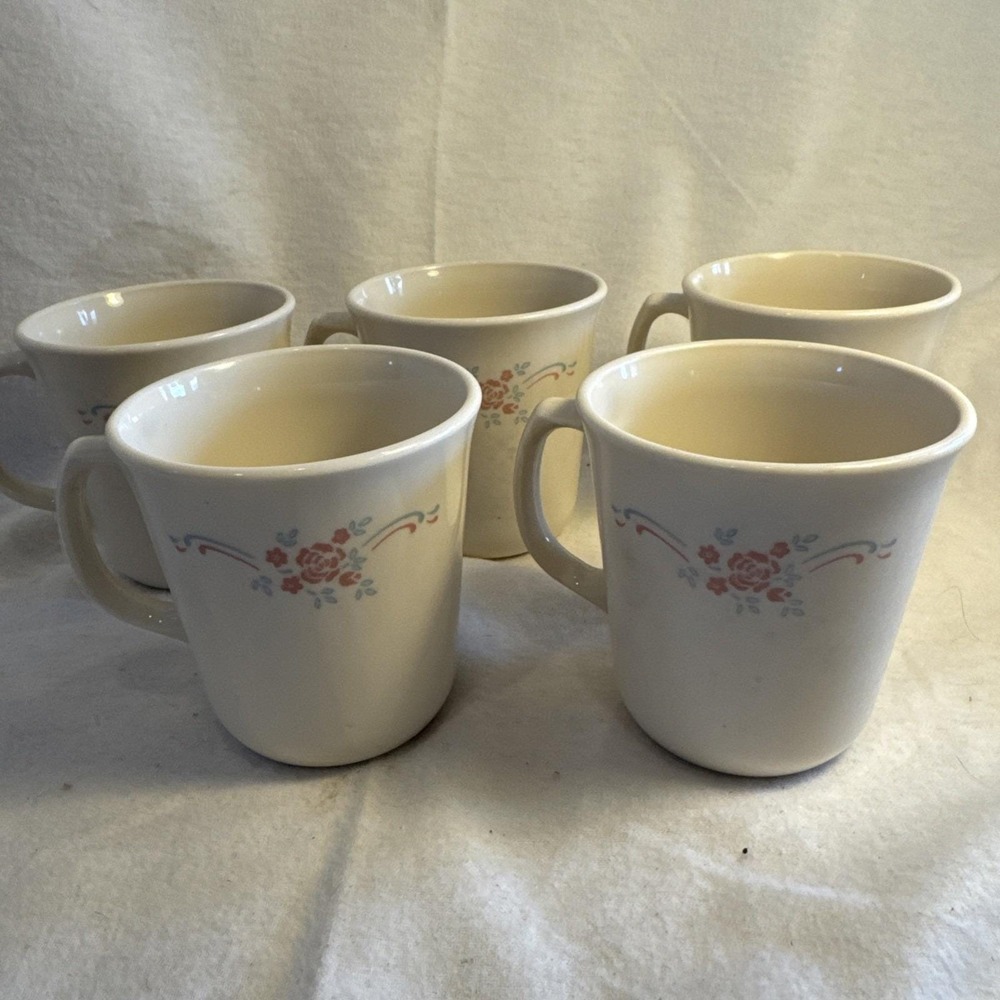 Corning Corelle ENGLISH BREAKFAST Coffee Cups/Mugs Set of 5 Retired Pink Blue